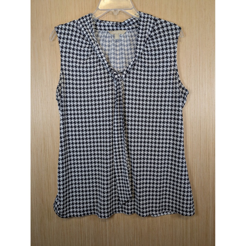 Banana Republic Womens Large Black White Houndstooth Tie Neck Sleeveless Blouse